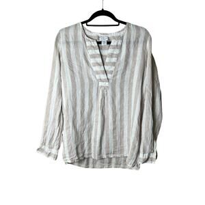 Antibes Blanc Linen Striped Cream Tan Shirt Roll Sleeve Women’s Size Medium